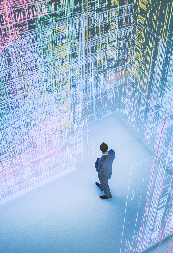 Business professional in futuristic digital data environment - AI-driven financial solutions